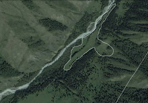 Земельный участок 7 га (3,2 +3,8 га) вдоль реки Аккем, 2,3 км до впадения Аккема в Катунь. Схема расположения на Google Earth 