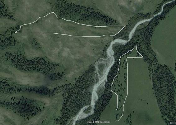 Земельные участки 5,2 га (устье реки Ороктой) и 7,68 га вдоль реки Аккем, 3,8  км до впадения Аккема в Катунь. Схема расположения на Google Earth 