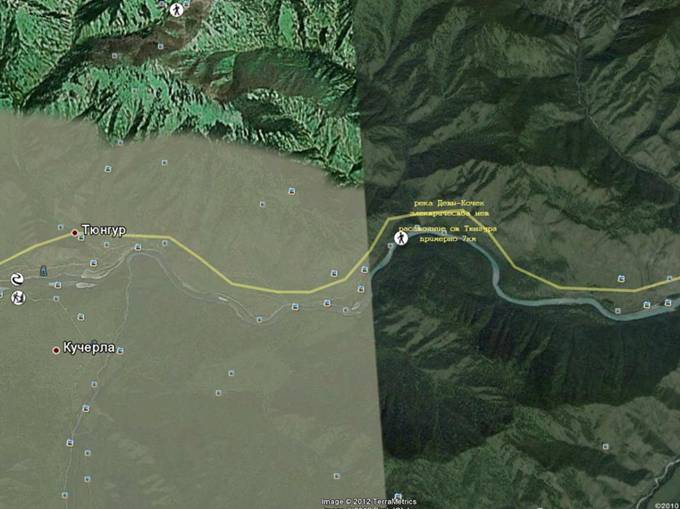 Земельные участки рядом с местом впадения реки Деты-Кочек в Катунь. Схема расположения на Google Earth 